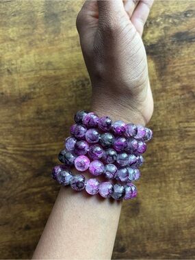 Handmade 5 pcs Glass Stone Purple Beaded Stretch Bracelet